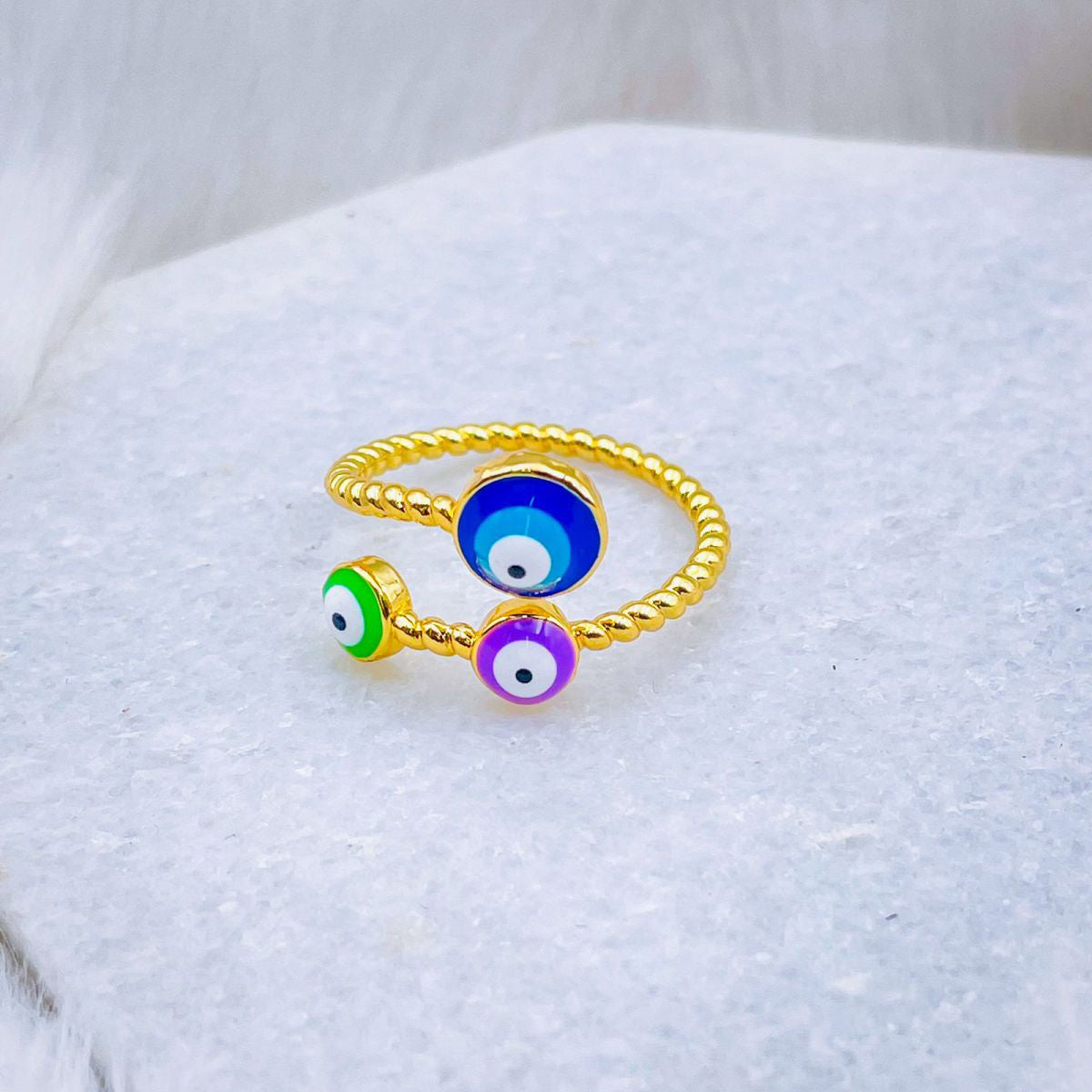 Purple Pink Evil Eye Enamel 18K Gold Copper Adjustable Ring for Women
