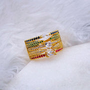 Rainbow Multi Color Fancy Cubic Zirconia heart 18K Gold Ring for Women
