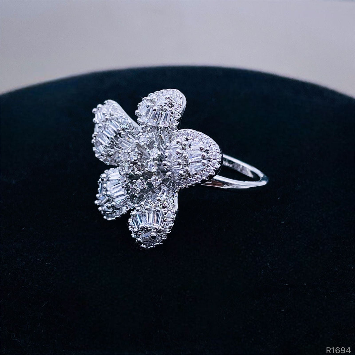 Rafflesia Baguette Flower Cubic Zirconia Silver Free Size Ring for Women