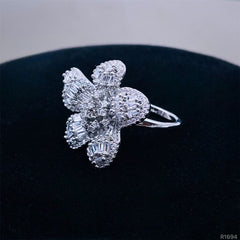 Rafflesia Baguette Flower Cubic Zirconia Silver Free Size Ring for Women
