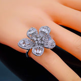 Rafflesia Baguette Flower Cubic Zirconia Silver Free Size Ring for Women