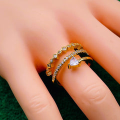 Triple Layer Fancy Cubic Zirconia 18K Gold Free Size Ring for Women