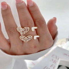 Dual Heart Love Dainty Mother of Pearl Cubic Zirconia Free Size Adjustable Ring for Women