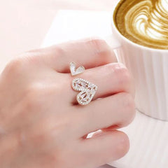 Dual Heart Love Dainty Mother of Pearl Cubic Zirconia Free Size Adjustable Ring for Women