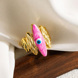 Pink Enamel Evil Eye 5 Beaten 18K Gold Layers Anti Tarnish Free Size Ring for Women