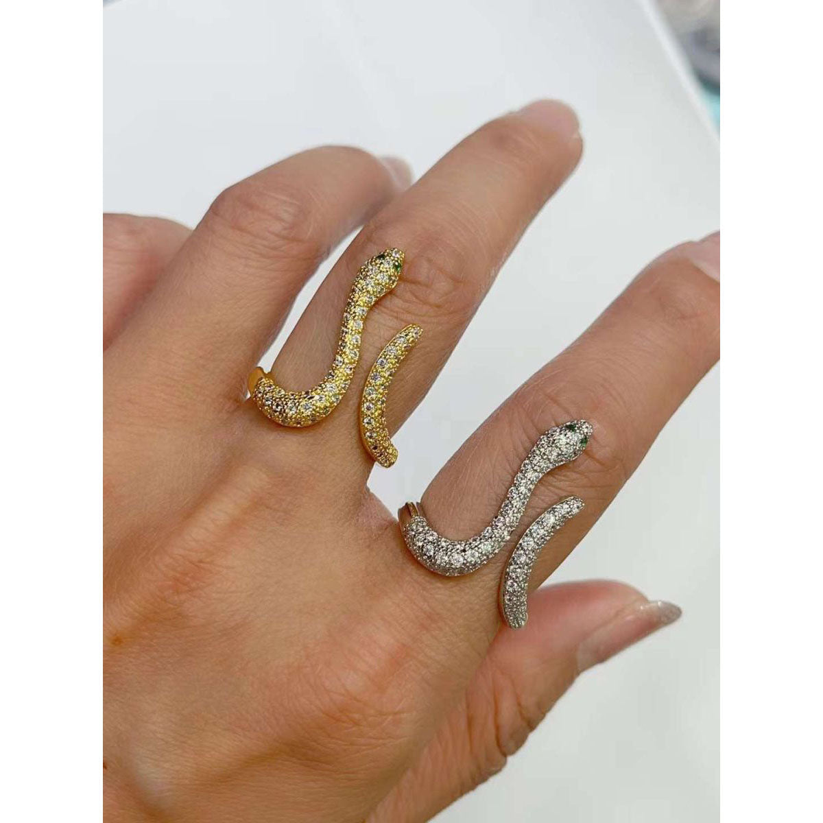 Snake Dainty Green Eye Cubic Zirconia 18K Gold Free Size Ring for Women