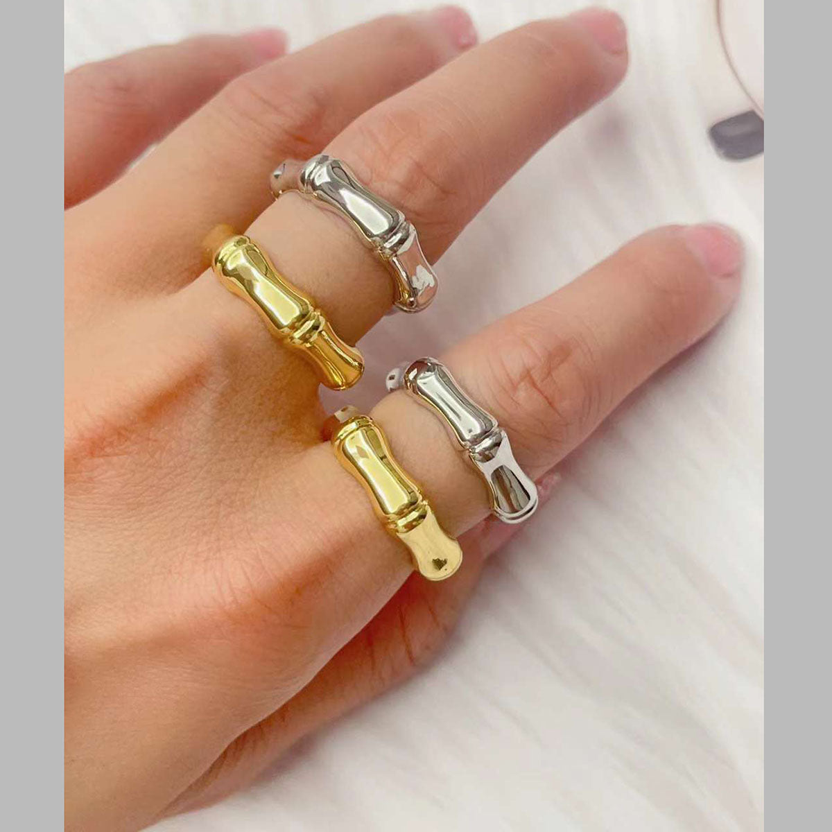Bamboo 18K Gold Glossy Anti Tarnish Free Size Open Back Ring For Women