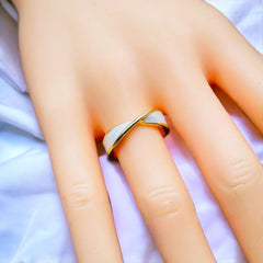 White Enamel Ribbon Cross Over 18K Gold Anti Tarnish Open Back Ring for Women