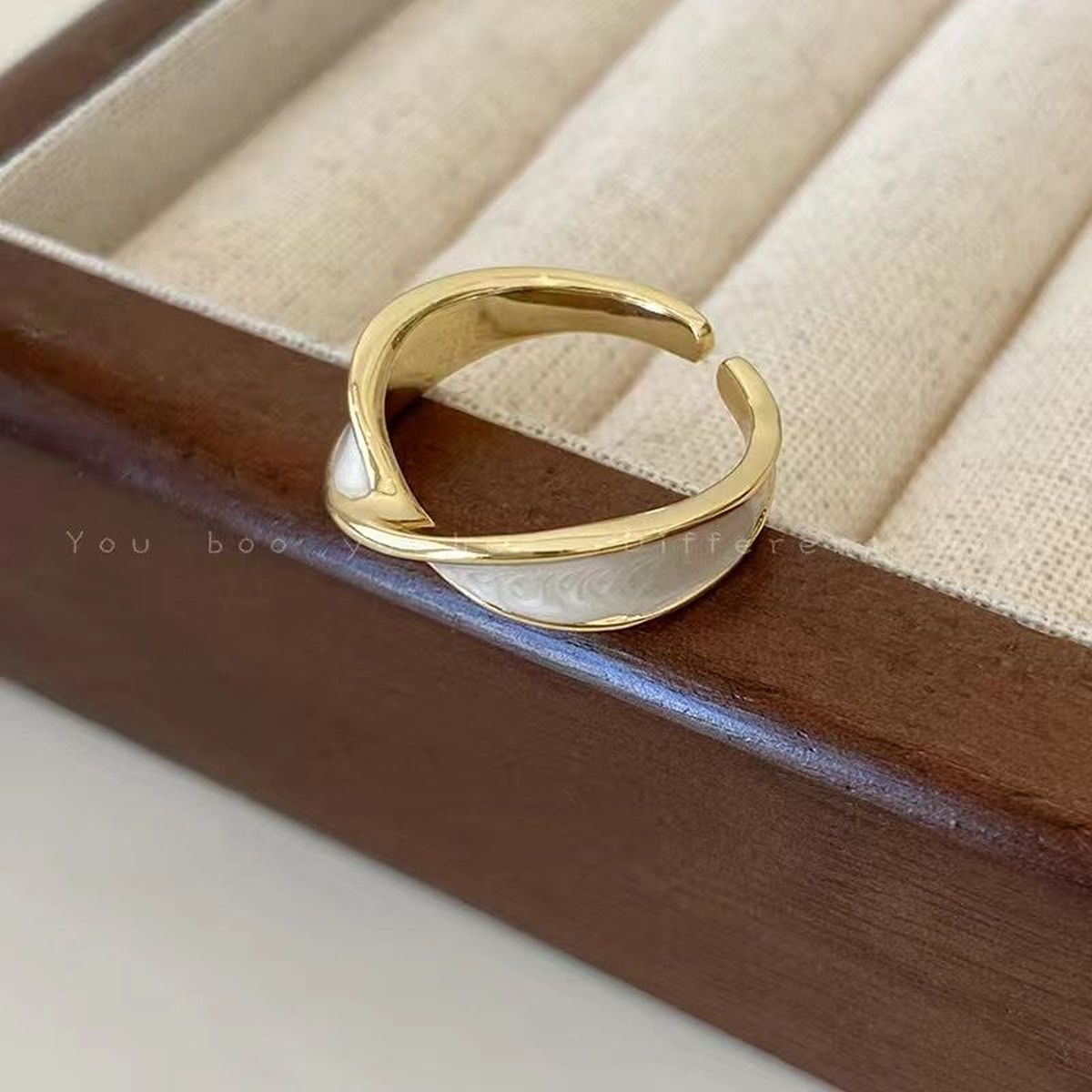 White Enamel Ribbon Cross Over 18K Gold Anti Tarnish Open Back Ring for Women
