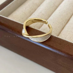 White Enamel Ribbon Cross Over 18K Gold Anti Tarnish Open Back Ring for Women