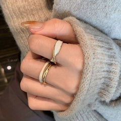 White Enamel Ribbon Cross Over 18K Gold Anti Tarnish Open Back Ring for Women