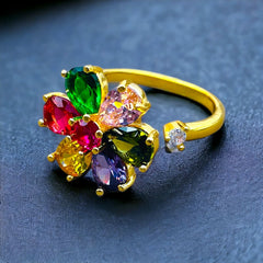 Multi Color Flower 18K Gold Anti Tarnish Free Size Ring for Women