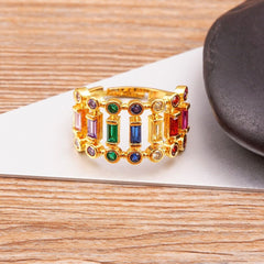 Twin Layer Multi Color Rainbow Baguette 18 Gold Anti Tarnish Free Size Ring for Women