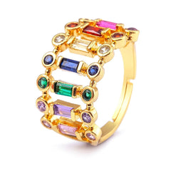 Twin Layer Multi Color Rainbow Baguette 18 Gold Anti Tarnish Free Size Ring for Women