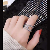 Triple Belt Buckle Cubic Zirconia Silver Anti Tarnish Free Size Ring for Women