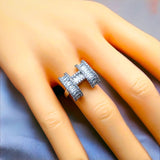 H Baguette Cubic Zirconia Silver Anti Tarnish Free Size Ring for Women