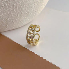 Twin Layer Bezel Cubic Zirconia 18K Gold Anti Tarnish Open Back Free Size Ring for Women