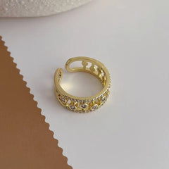 Twin Layer Bezel Cubic Zirconia 18K Gold Anti Tarnish Open Back Free Size Ring for Women