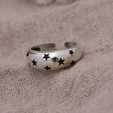 Black Star Glossy Silver Open Back Free Size Band Ring for Women