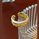 Dual Layer White Enamel Geometric 18K Gold Anti Tarnish Free Size Ring for Women