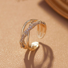 Cross Over Layered Bamboo Cubic Zirconia 18K Gold Anti Tarnish Adjustable Ring for Women