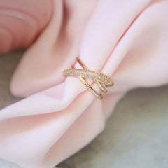 Cross Over Cubic Zirconia 18K Gold Anti Tarnish Adjustable Ring for Women