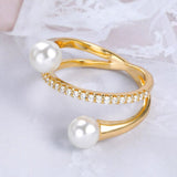 Dual Pearl Cubic Zirconia 18K Gold Free Size Open Back Ring For Women