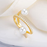 Dual Pearl Cubic Zirconia 18K Gold Free Size Open Back Ring For Women