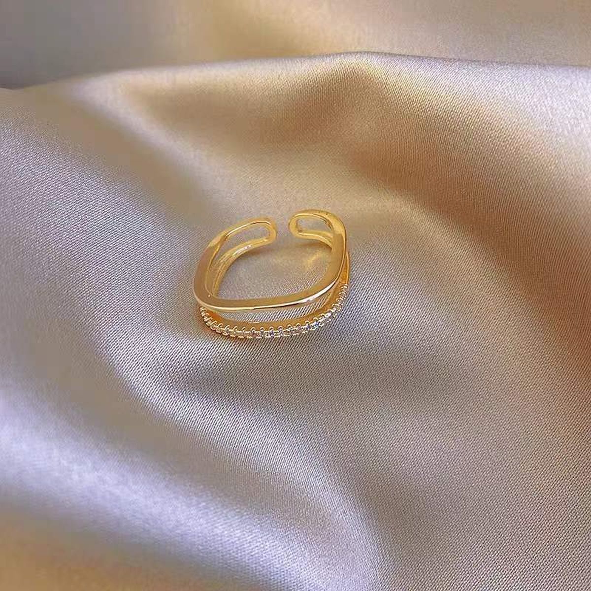 Dual Layer Square Cubic Zirconia 18K Gold Free Size Open Back Ring For Women