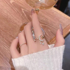 Crescent Moon Star Cubic Zirconia 18K Gold Free Size Open Back Ring For Women