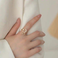 Crescent Moon Star Cubic Zirconia 18K Gold Free Size Open Back Ring For Women