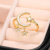 Crescent Moon Star Cubic Zirconia 18K Gold Free Size Open Back Ring For Women