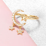 Crescent Moon Star Cubic Zirconia 18K Gold Free Size Open Back Ring For Women