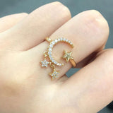 Crescent Moon Star Cubic Zirconia 18K Gold Free Size Open Back Ring For Women