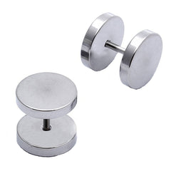 Round Barbell Dumbell Rhodium Stainless Steel Pair Stud Earring Men