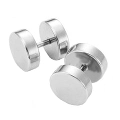 Round Barbell Dumbell Rhodium Stainless Steel Pair Stud Earring Men