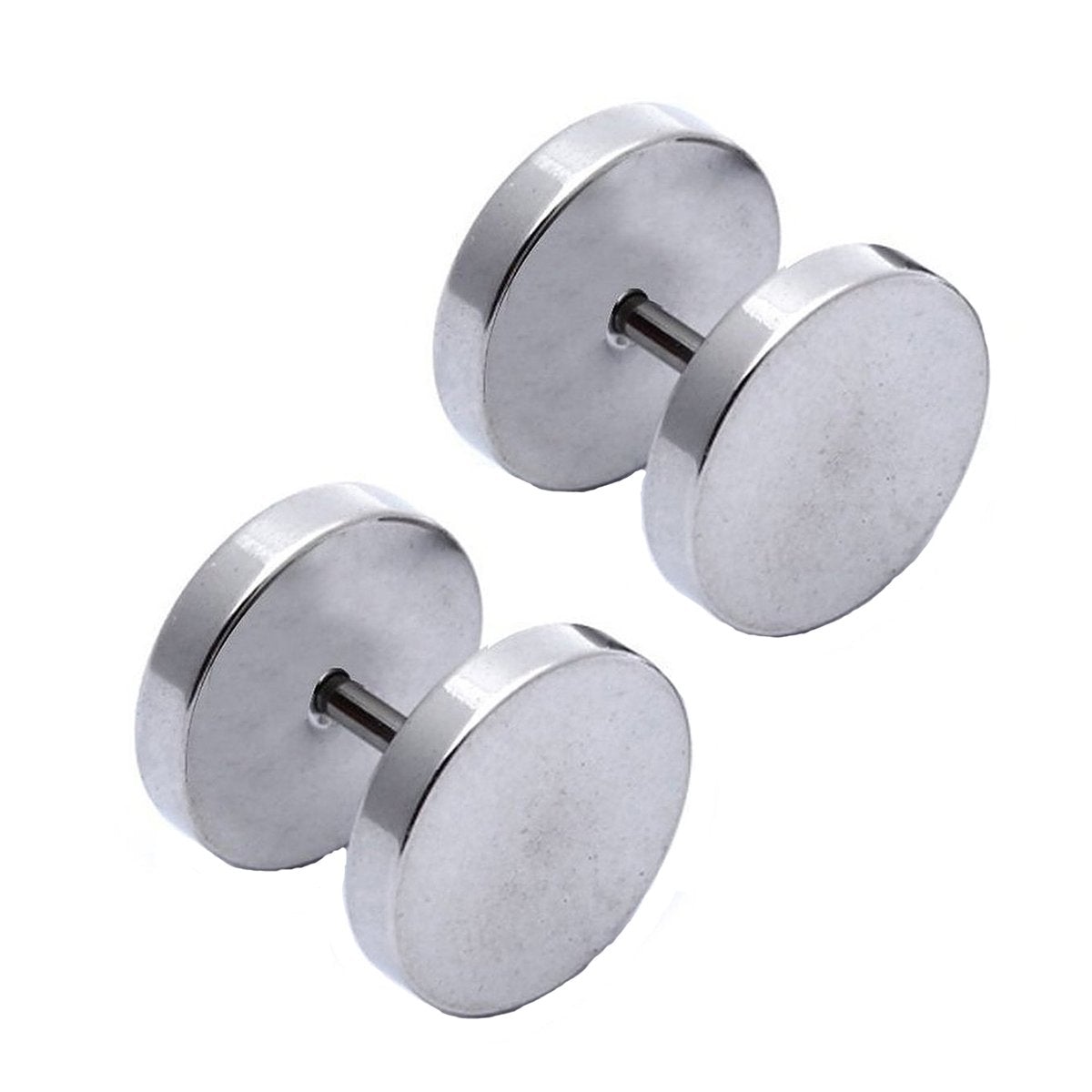 Round Barbell Dumbell Rhodium Stainless Steel Pair Stud Earring Men