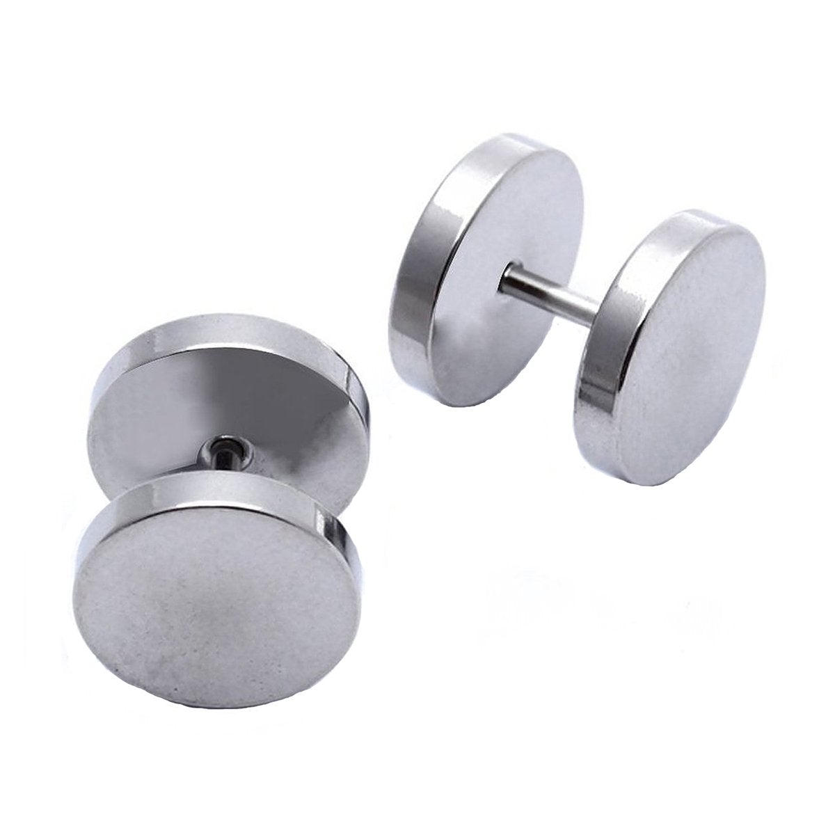 Round Barbell Dumbell Rhodium Stainless Steel Pair Stud Earring Men