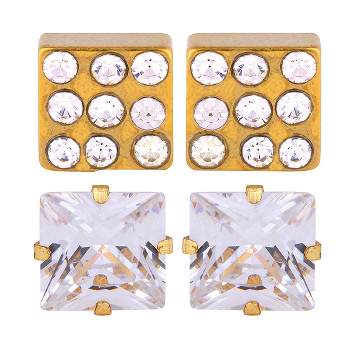 Gold Squre Stainless Steel With Cz Stone 2 Pair Stud Earring Men
