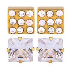 Gold Squre Stainless Steel With Cz Stone 2 Pair Stud Earring Men