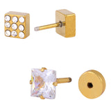 Gold Squre Stainless Steel With Cz Stone 2 Pair Stud Earring Men
