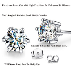 Solitaire 6 Mm Round Cut Cz Stainless Steel Ear Stud Pair Earring