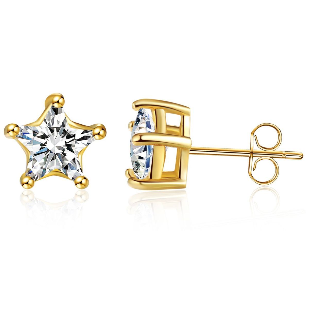 Solitaire Star Cut Cz With Brass Gold Ear Stud Pair Earring