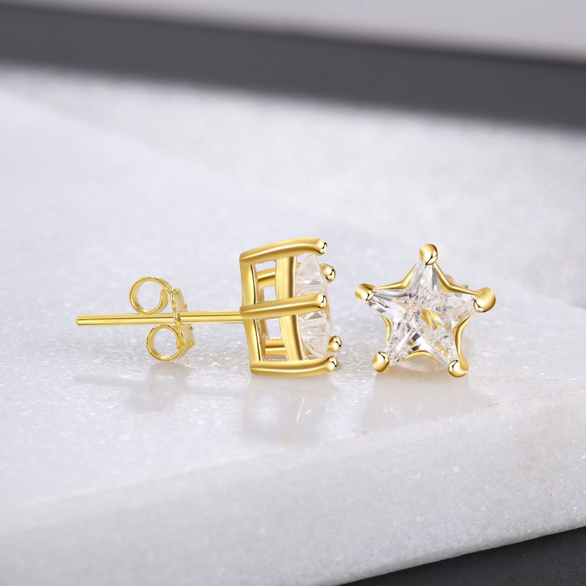 Solitaire Star Cut Cz With Brass Gold Ear Stud Pair Earring