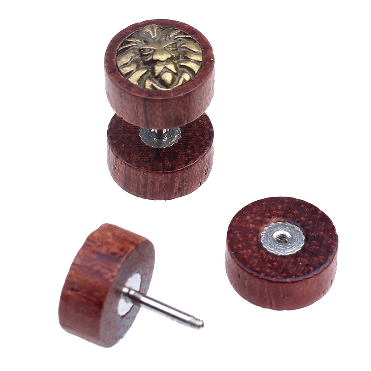 Lion 8 Mm Brass Natural Wood Brown Dumbell Barbell Stud Earring Pair