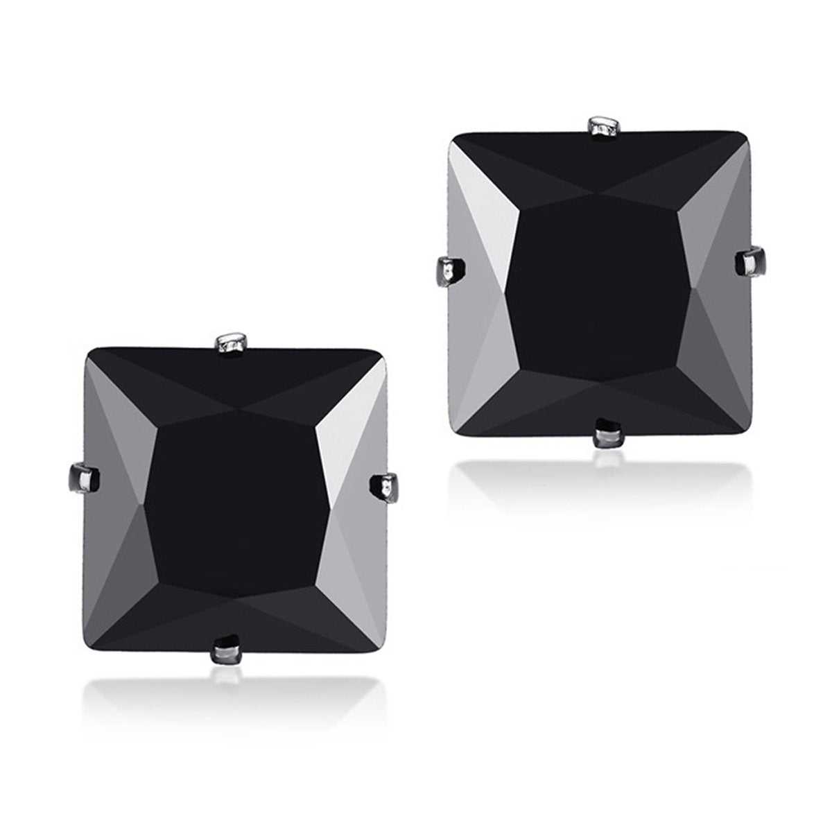 Square Stainless Steel Black Crystal Rhodium Pierced Stud Earring Pair