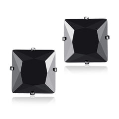 Square Stainless Steel Black Crystal Rhodium Pierced Stud Earring Pair
