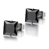 Square Stainless Steel Black Crystal Rhodium Pierced Stud Earring Pair