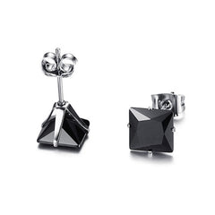 Square Stainless Steel Black Crystal Rhodium Pierced Stud Earring Pair