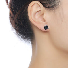 Square Stainless Steel Black Crystal Rhodium Pierced Stud Earring Pair